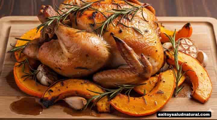 Receta de pollo para diabetics: Pollo al horno con calabaza y romero