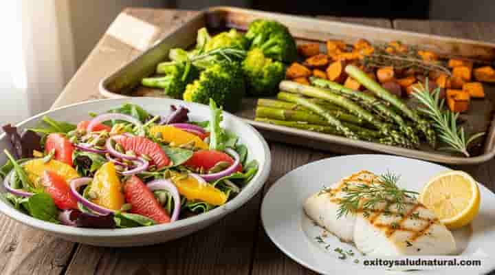 Mesa con platos saludables bajos en sodio: pescado a la parrilla con limón, ensalada fresca de cítricos y vegetales asados con hierbas.
