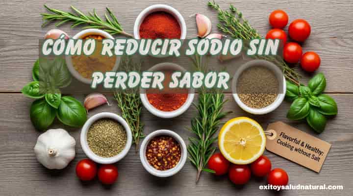 Variedad de especias en cuencos (cúrcuma, pimentón, chile), ajo, romero, tomillo, albahaca, limones y tomates cherry sobre una tabla de madera.