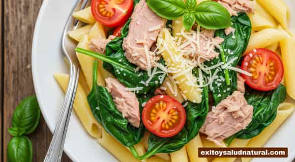 Cena rápida y saludable pasta con atún y espinaca