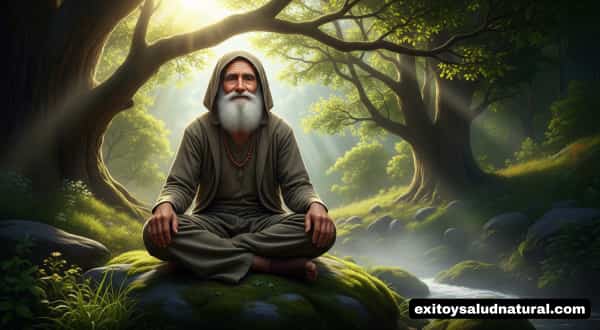 Hombre sabio medita con serenidad en un bosque, simbolizando paz y estoicismo en la madurez.