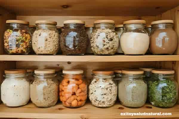 Despensa ordenada con alimentos naturales en frascos de vidrio