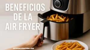 Freidora de aire moderna con papas doradas en la cesta y en un plato, junto al texto “Beneficios de la Air Fryer”.