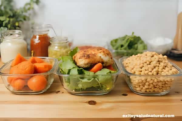 Comidas saludables preparadas en recipientes de vidrio listas para la semana
