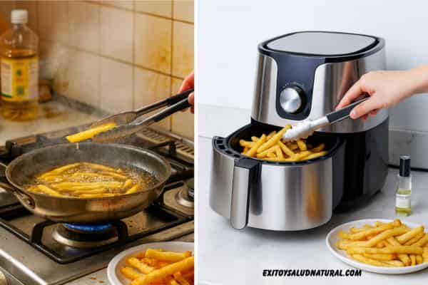 Comparación de papas fritas: sartén con aceite vs freidora de aire con papas crujientes.