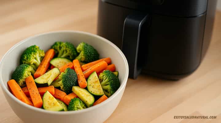 Varios vegetales (brócoli, zanahoria, calabacín) mezclados con condimentos en un bowl junto a la airfryer