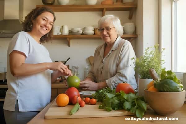 Cocina luminosa con frutas y verduras frescas que inspiran bienestar y salud natural.