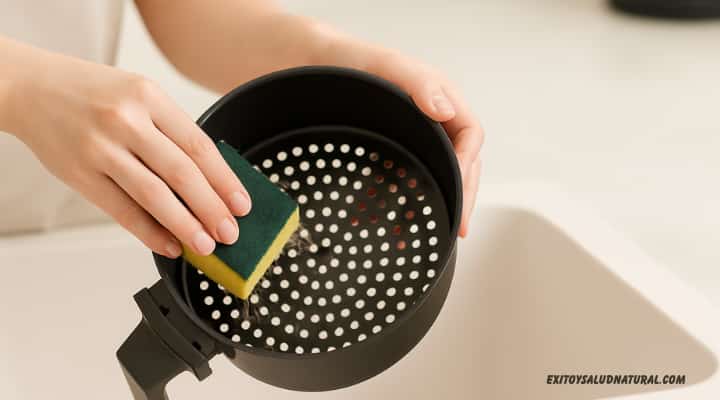 Persona limpiando la canasta del airfryer con una esponja suave.