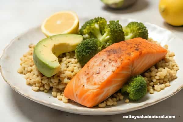 Plato con salmón, quinoa y verduras, ejemplo de comida saludable para diabéticos
