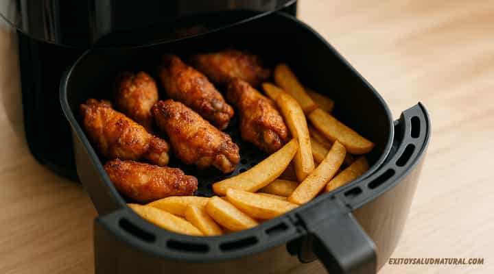 Bandeja del airfryer abierta con alitas de pollo y papas doradas y crujientes