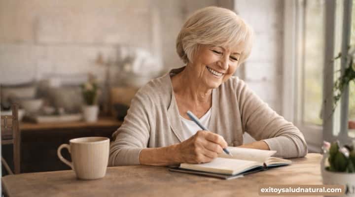 Mujer adulta escribiendo feliz